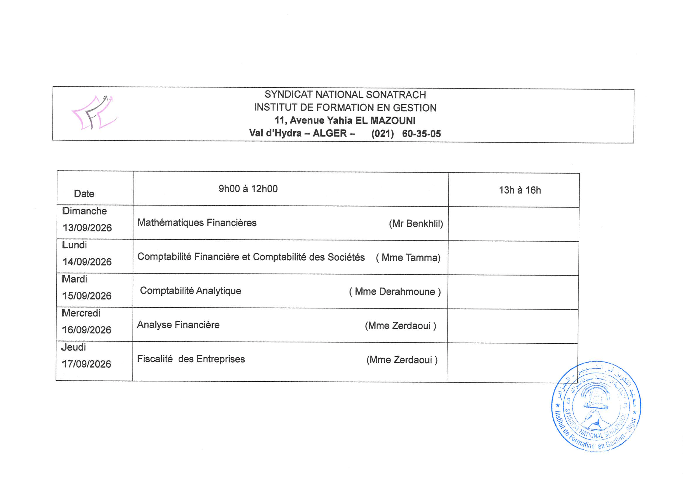 Emploi du temps 2